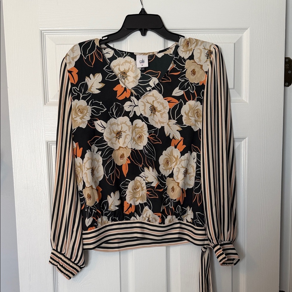 CAbi Black and Cream Floral Blouse with Orange Accents